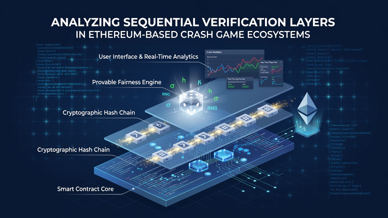 Diagramm der sequenziellen Verifizierungsschichten in einem Ethereum-Crash-Game-Ökosystem mit Smart-Contract-Integration
