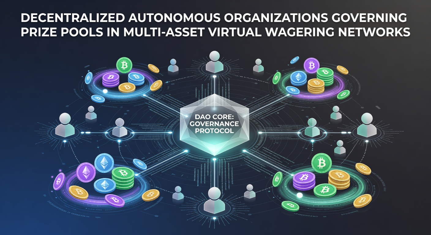 Darstellung einer DAO-Struktur mit vernetzten Blockchain-Knoten und Preisgeld-Pools in virtuellen Wettnetzwerken