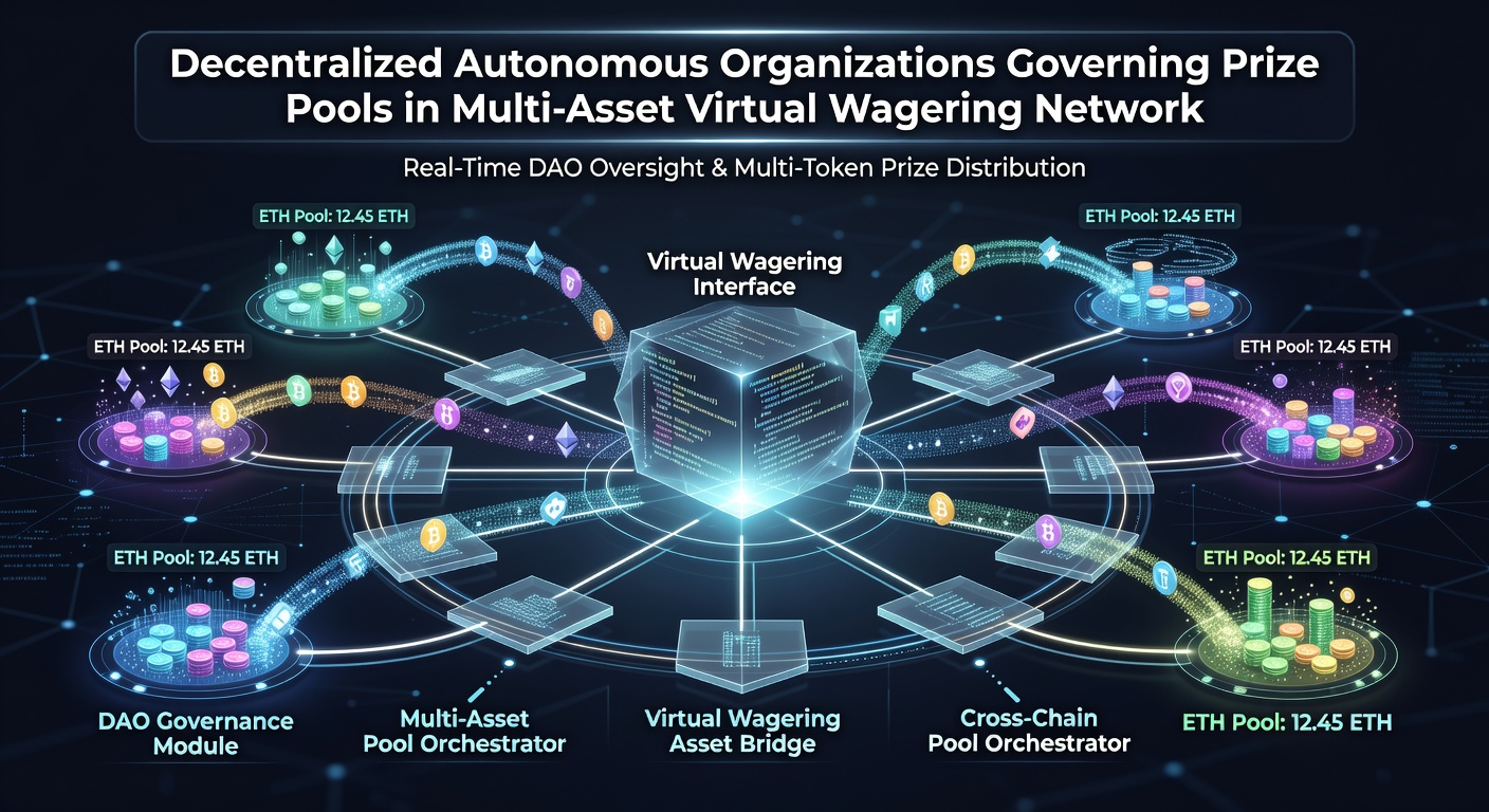 Visualisierung von Multi-Asset-Pools mit verschiedenen Kryptowährungen und DAO-Abstimmungsprozessen