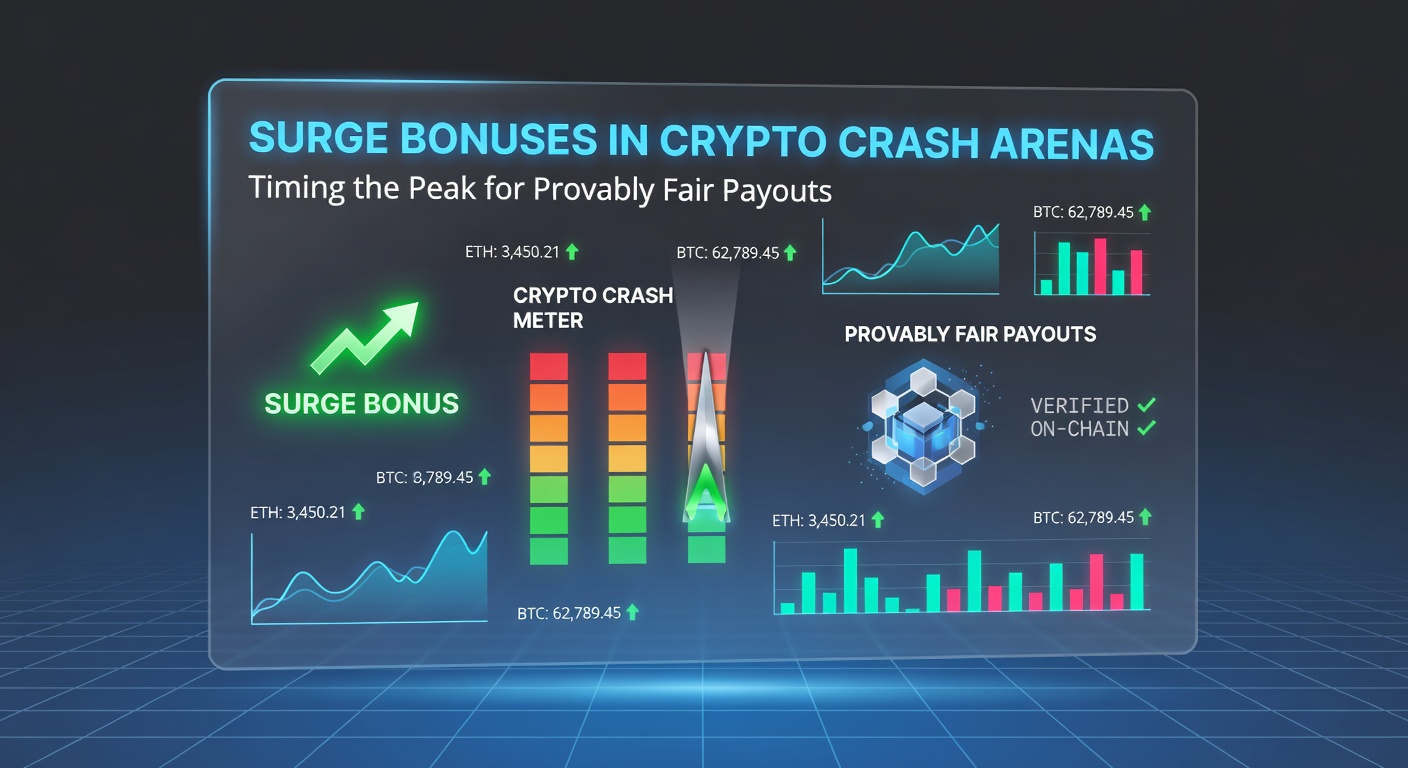 Grafik eines Crash-Charts mit Surge-Bonus-Marker bei steigendem Multiplikator in einer Krypto-Arena