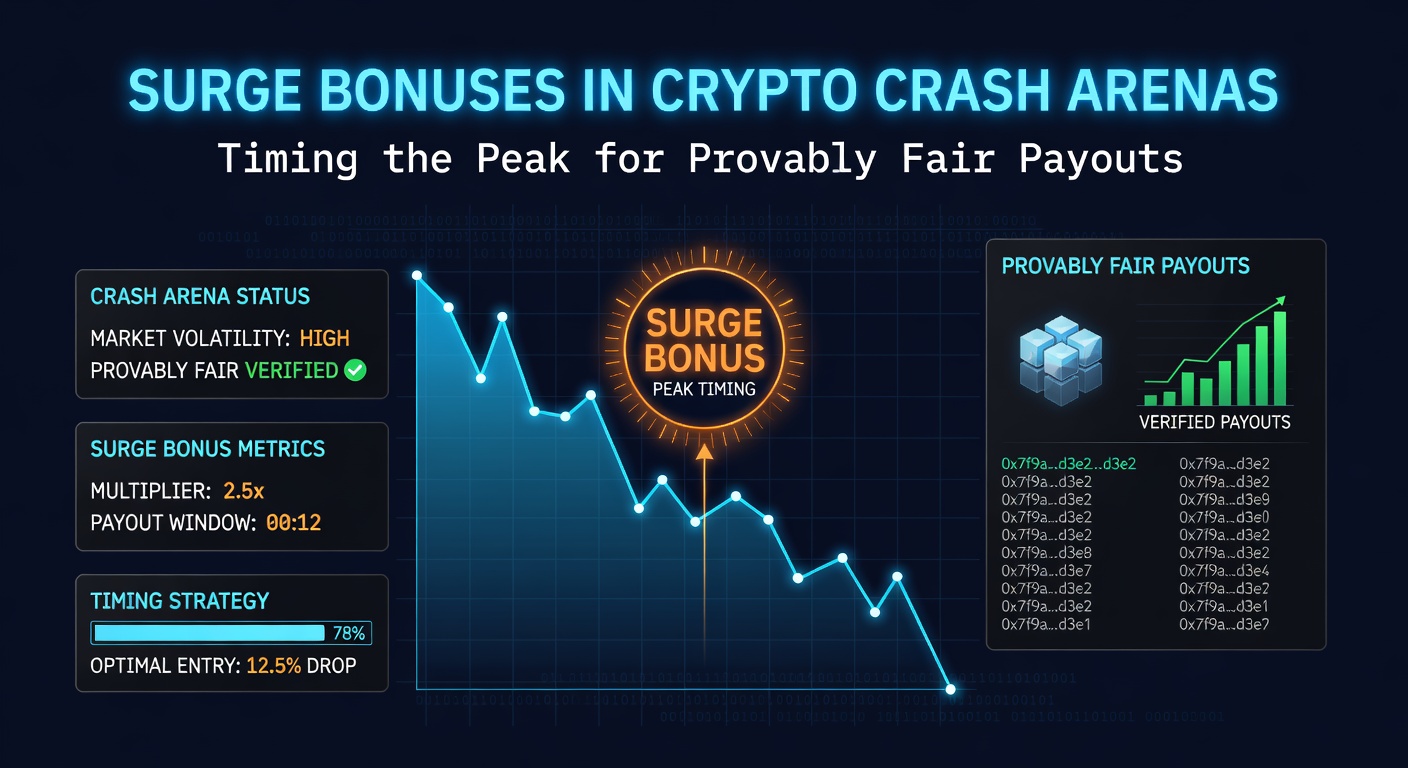 Detaillierte Darstellung eines Provably-Fair-Verifikationsprozesses mit Surge-Bonus-Aktivierung in einem Crash-Chart