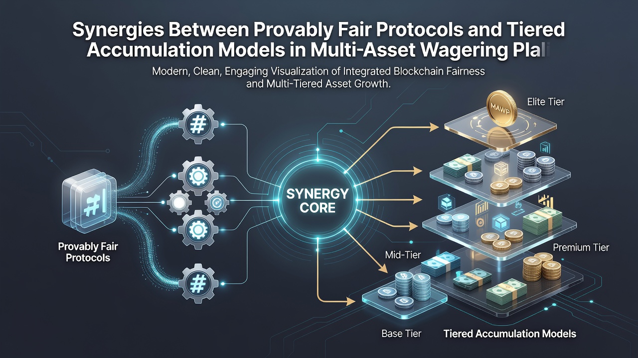 Illustration der gestuften Akkumulation und Fairness-Verifizierung in Wettplattformen mit mehreren Assets
