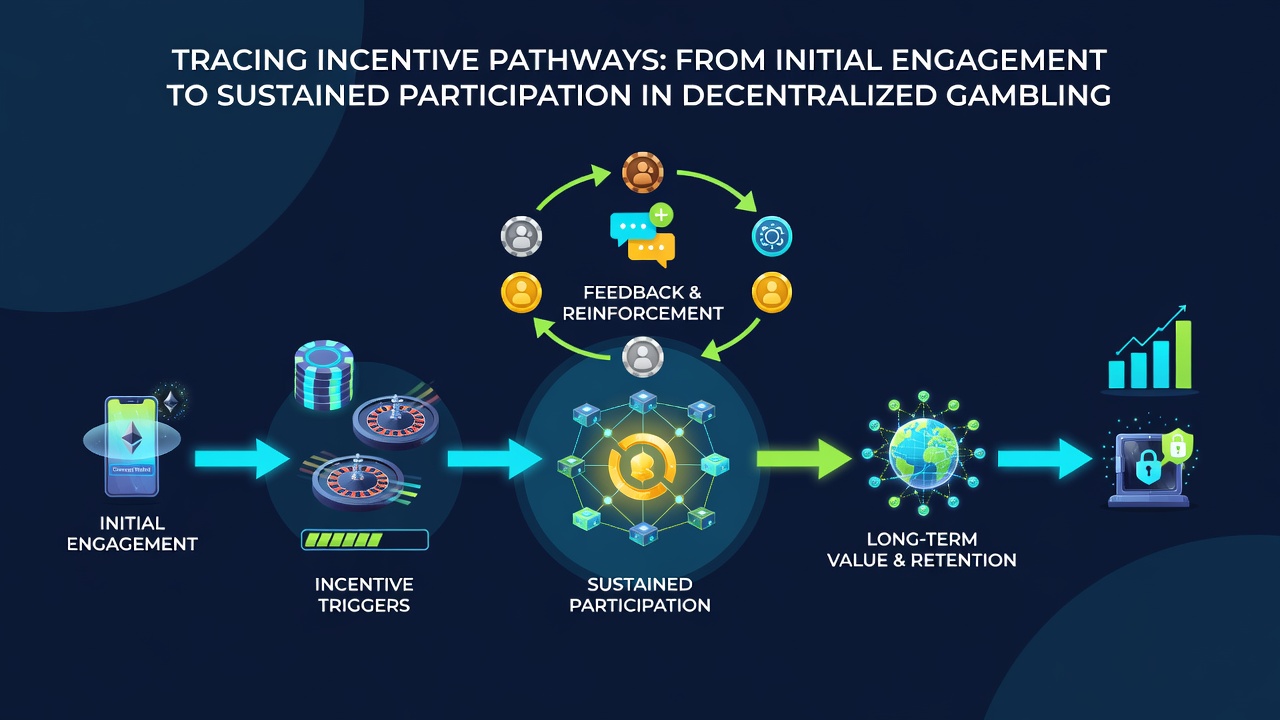 Diagramm zur Verfolgung von Nutzerpfaden in dezentralen Glücksspielprotokollen mit Fokus auf Incentive-Übergänge