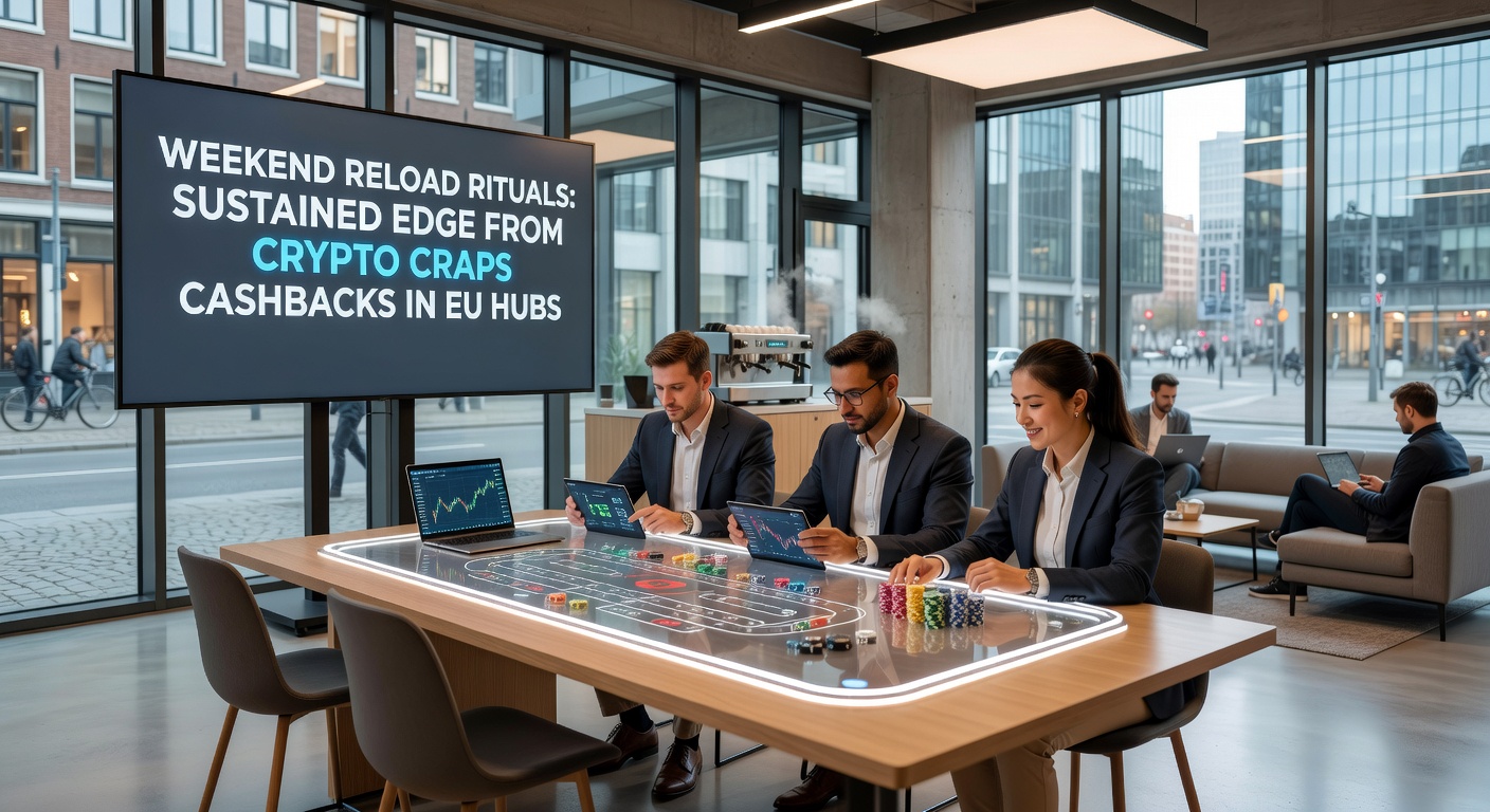 Detaillierter Crypto-Craps-Tisch mit Reload-Bonus-Anzeige und EU-Flaggen im Hintergrund, zeigt Cashback-Fluss